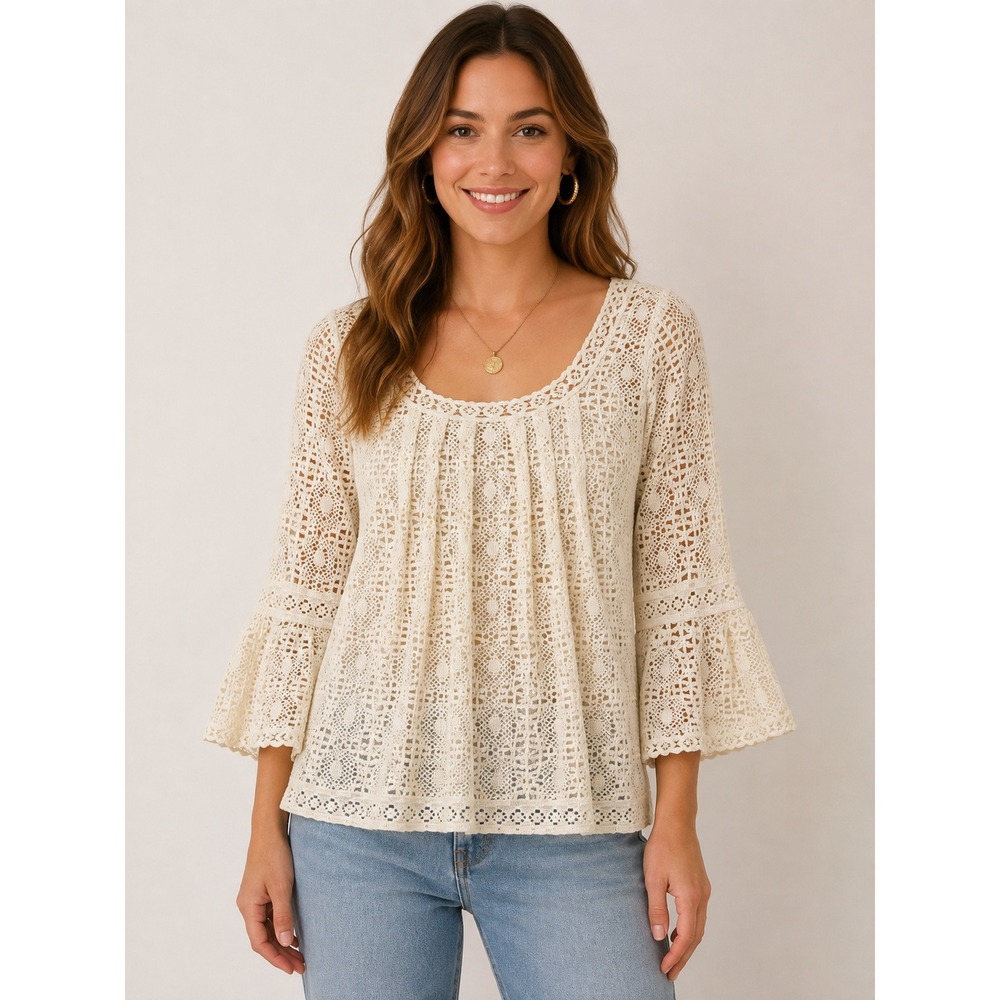 Anna Sui Cream Crochet Lace Bell Sleeve Blouse Top Large Boho Romantic 0810
